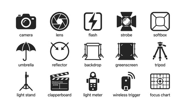 Photography equipment icons arranged on white background in grid