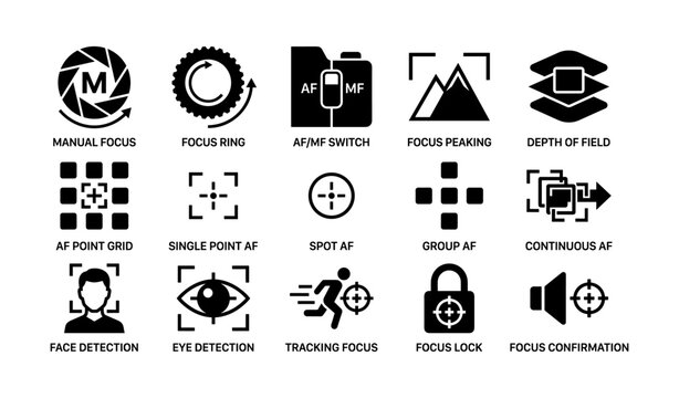 Camera focus and autofocus icons arranged in grid on white background