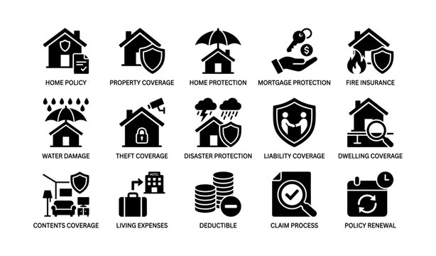 Home insurance and coverage icons displayed on white background