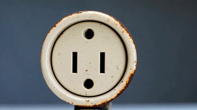 Close up of vintage white round electrical socket with rusty edges and two vertical slots used for power connection on dark grey background