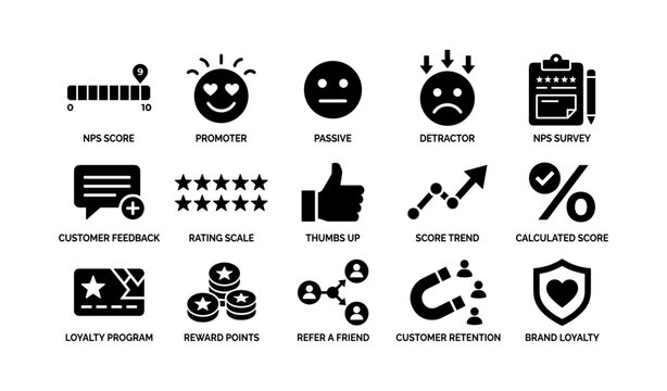 Customer feedback and loyalty icons showing ratings and retention