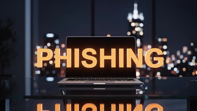 Cybersecurity Phishing Attack Concept with Laptop and Cityscape at Night Glowing Text Overlay
