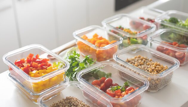 Healthy Meal Prep Containers with Fresh Vegetables and Grains.