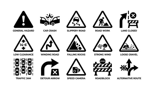 Road hazard and traffic icons arranged in grid on white