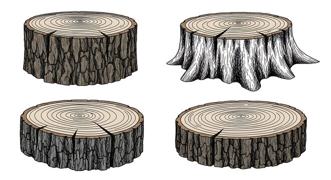 Four different wooden tree stump icons, detailed bark texture, isolated natural elements for design