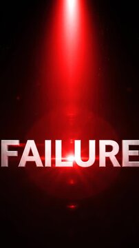 Dramatic Metallic Word FAILURE illuminated by a powerful red spotlight beam against a dark background with lens flares
