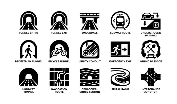 Transportation tunnel and route icons displayed on white background