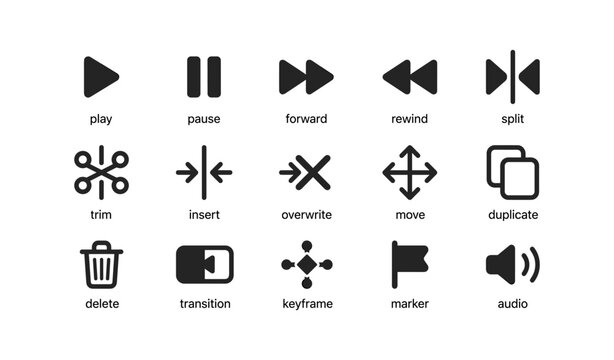 Media control and editing icons arranged on white background