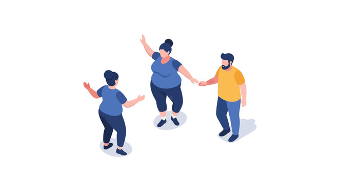 Isometric illustration of three people holding hands and celebrating together.