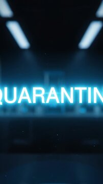 Futuristic Quarantine Chamber with Glowing Text and Blue Light Rays in a Modern Laboratory Setting
