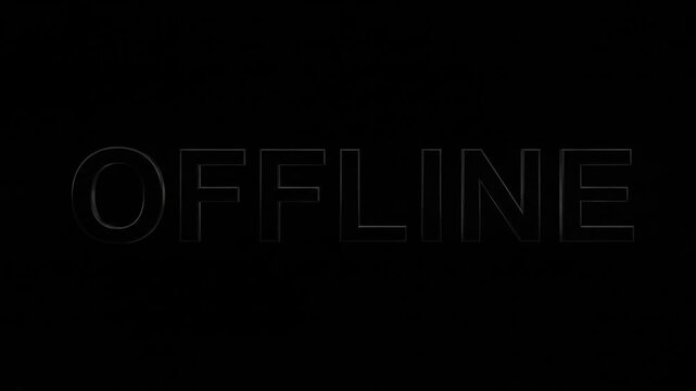 Metallic Chrome Text 'OFFLINE' Glitching and Fading Out with Lens Flare on Dark Background Animation