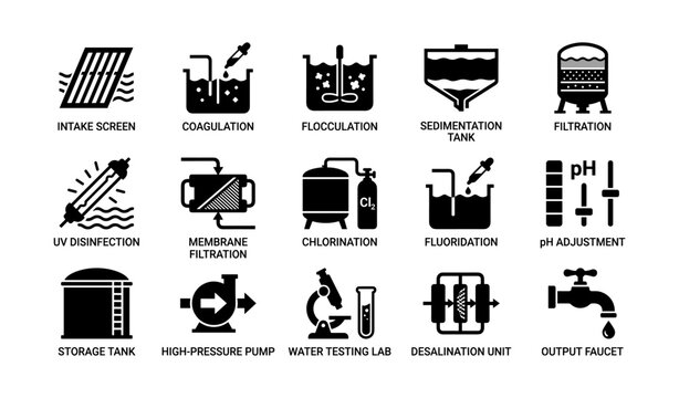 Water treatment process icons arranged in labeled grid