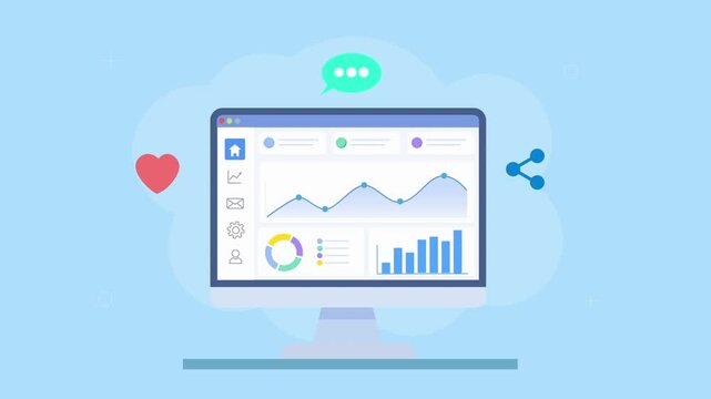 Looping flat animation of a cloud dashboard with charts, AI robot, and social icons, representing data analysis, automation, communication, and digital engagement.