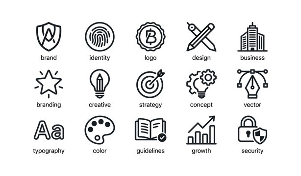 Brand identity and design icons arranged on white background