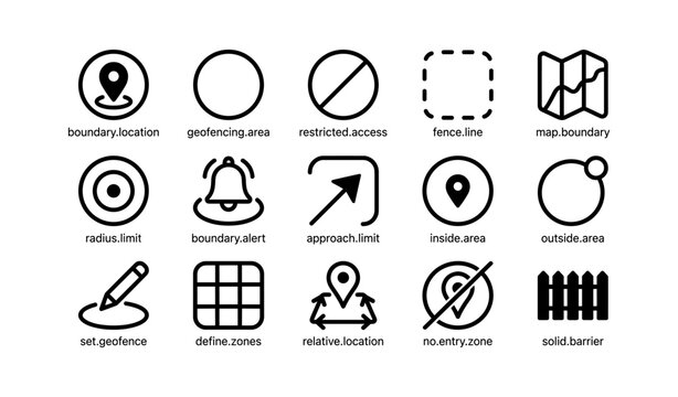 Geofencing icons illustrating boundaries and area markers