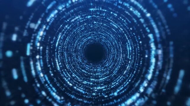 Abstract digital tunnel of glowing blue particles moving into a dark void