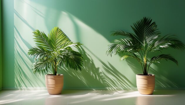two potted tropical plants rest against a pale green wall with bright sunlight casting a window pattern on the surface