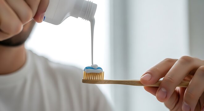 Close-up of a person applying toothpaste to a bamboo toothbrush, highlighting daily oral hygiene routine and sustainable living choices.