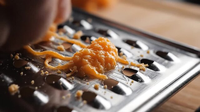 Closeup of hand grating fresh carrot on metal grater for cooking.