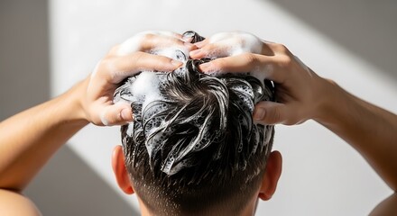 Naklejka premium Man washing hair with shampoo and conditioner in shower.