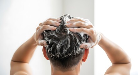 Naklejka premium Man washing hair with shampoo, close-up from behind, showing lather and hands.