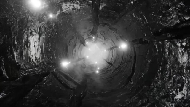 Spooky cinematic shot looking up inside a deep dark well with shimmering lights, a horror concept