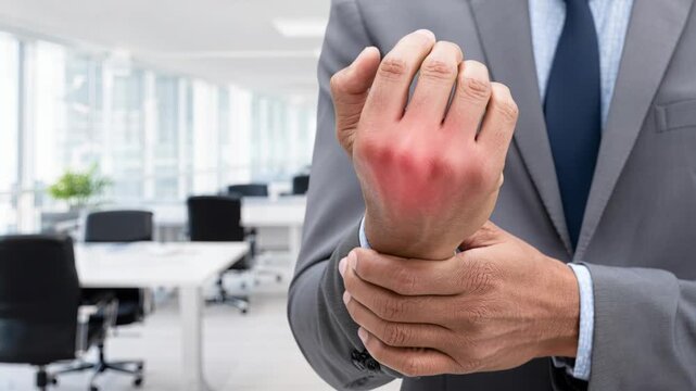 Businessman holding his painful and inflamed hand while standing in a bright modern office.