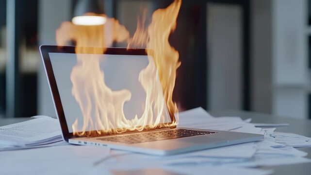 A laptop computer catching fire on an office desk surrounded by messy piles of paper documents.