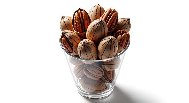 Glass of whole pecans and shelled kernels, natural healthy snack, organic food ingredient, isolated on white background