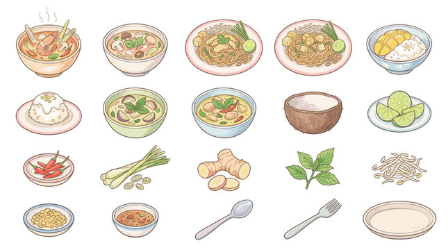 Thai soup and ingredient vector icon set with curry bowls, tom yum, coconut milk, lime, chili, ginger, basil, lemongrass and cooking utensils