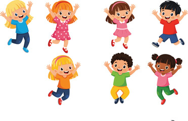 Fototapeta premium Collection of happy diverse children jumping for joy and laughing together in colorful summer outfits for elementary school and childhood friendship vector illustrations.