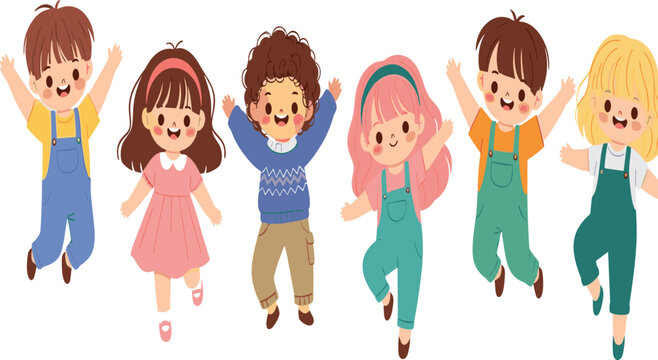 Set of six cute diverse kawaii children in colorful casual clothes jumping and playing happily in a row vector
