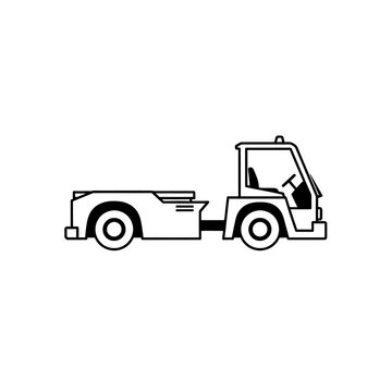 Clean vector line art illustration of an airport pushback tug tractor, a critical ground support vehicle for moving aircraft on the tarmac