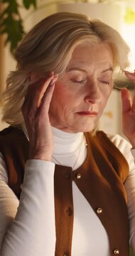 Headache, night or woman in office with pressure, frustration or tiredness in evening shift. Fatigue, migraine pain or mature employee in agency with tension, exhausted or brain fog in overtime.