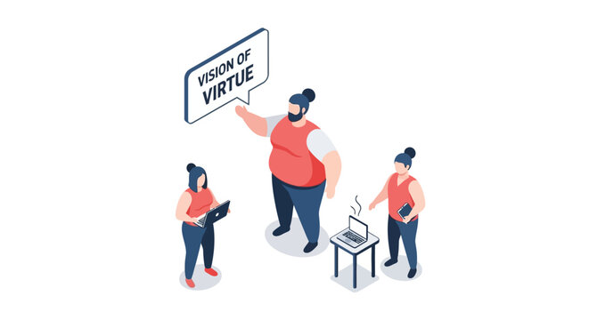 Isometric Illustration of Vision of Virtue Concept with People.
