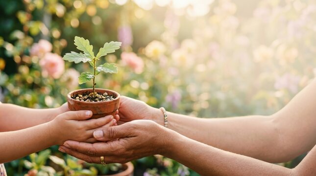 Adult and child hands holding a small potted oak sapling together, representing the Global Day of Parents and the nurturing of environmental growth and sustainability
