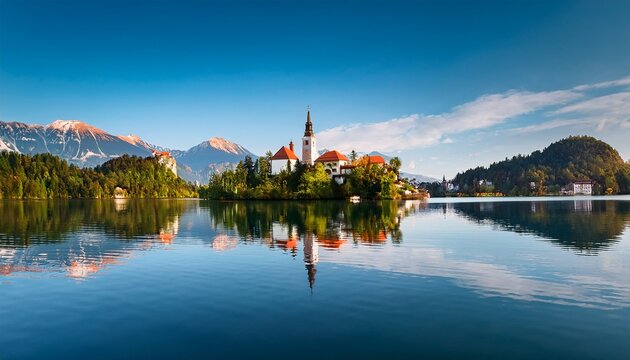 slovenia bled lake bled town and island church reflect in lake