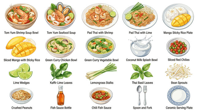 Colorful Thai food vector icon set with tom yum soup, pad thai, mango sticky rice, curries, noodles, sauces, fried snacks and traditional dishes