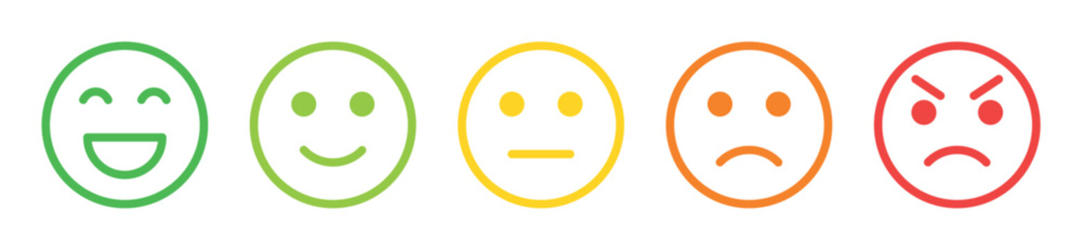 Set of customer satisfaction emoticon icons from happy smile to angry face, colorful outline feedback symbols isolated on transparent background, rating emotion scale for review and user experience