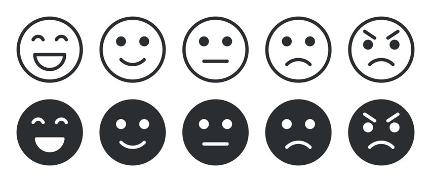 Set of emoticon faces showing happy neutral sad angry expressions in outline style isolated on transparent background, user feedback rating mood icons collection for interface design and reviews usage