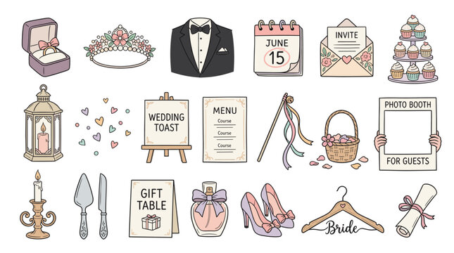 Wedding planning vector set with rings, bouquet, tuxedo, date card, invitation, cake, menu, photo booth, candles, gifts, shoes and bridal accessories.