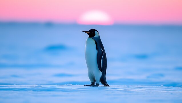 Gentoo penguin standing on snowy ice in Antarctica polar wildlife scene

