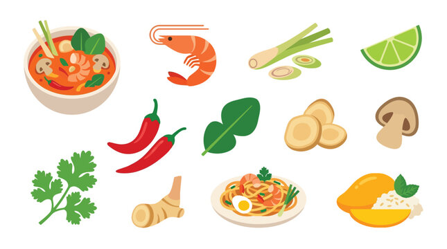 A vibrant collection of ingredients and dishes , including Tom Yum soup, shrimp, lemongrass, lime, chili peppers, kaffir lime leaves, galangal, mushrooms, cilantro, and mango sticky rice.