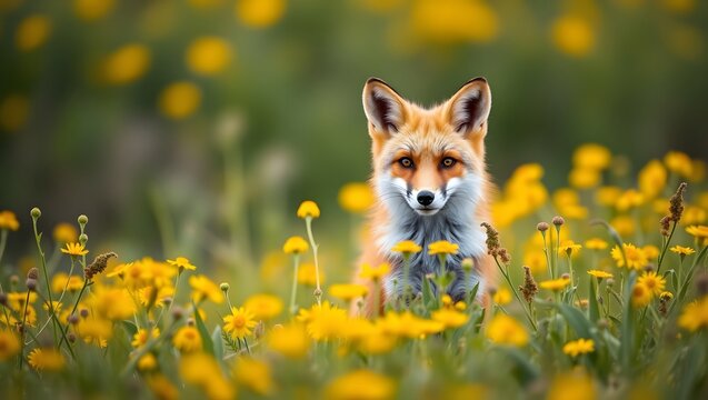 Cute red fox sitting in green grass, furry wild animal portrait in nature

