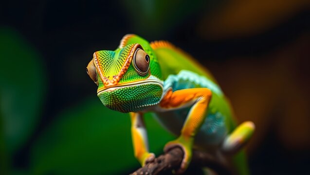 Colorful chameleon lizard climbing on branch isolated on white background

