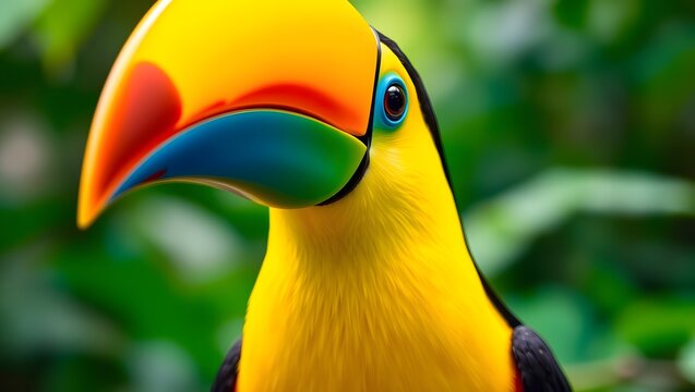 Colorful toucan bird with large beak perched on tropical tree branch

