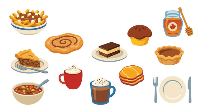 A vibrant collection of Canadian comfort foods and drinks, including poutine, maple syrup, pies, and hot beverages, presented in a cheerful, illustrative style.