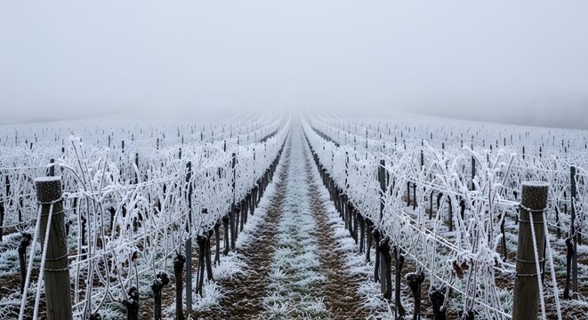 Frozen Vineyard Rows Under Overcast Winter Sky.