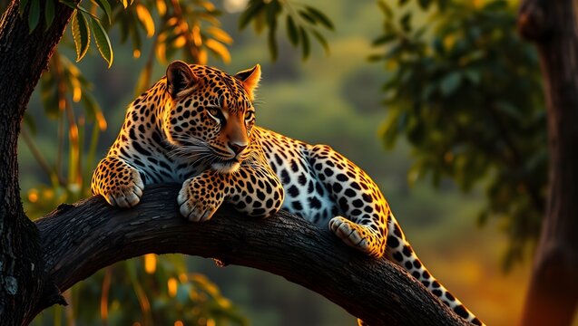Leopard resting on tree branch, wild big cat in jungle forest


