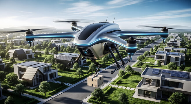 Futuristic autonomous delivery drone carrying a cardboard parcel above a modern residential neighborhood with solar roofs under a bright sunny blue sky horizon